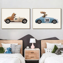Load image into Gallery viewer, Transform your child&#39;s bedroom or playroom into an exclusive and sophisticated space with these delightful race car animal prints. Available in various designs and sizes, these canvas artworks feature waterproof ink and are ideal for your young automobile enthusiast. Frame not included.
