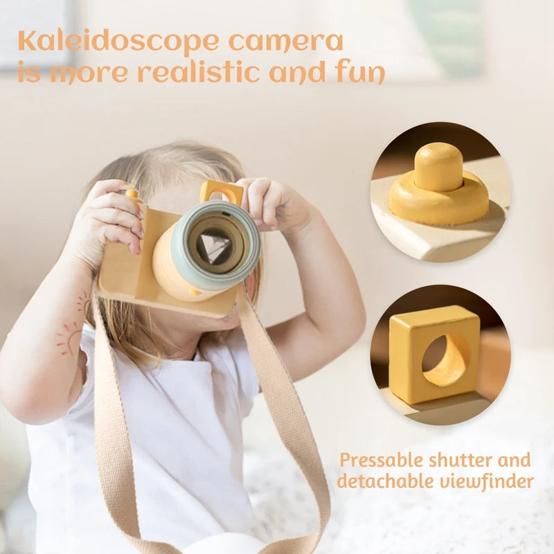 Introducing the ultimate simulation camera for children aged 3 to 6 years - a portable camera kaleidoscope featuring a detachable lens, a removable viewfinder in the top left corner, and a press-down shutter.