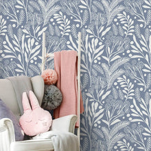 Load image into Gallery viewer, Experience the magic of our Blue Vintage Leaves Wallpaper in your children&#39;s bedroom or playroom. Waterproof, moisture-proof, mold-proof, and sound-absorbing for a durable and functional addition to any space!
