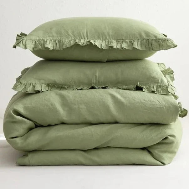 Transform your child or teenager's bedroom with the Sage Green Vintage Ruffled French Linen Duvet Cover Set, crafted from 100% washed linen. Experience the benefits of its excellent heat dissipation, breathability, and absorbency, providing ultimate comfort and durability that only gets softer with each wash.