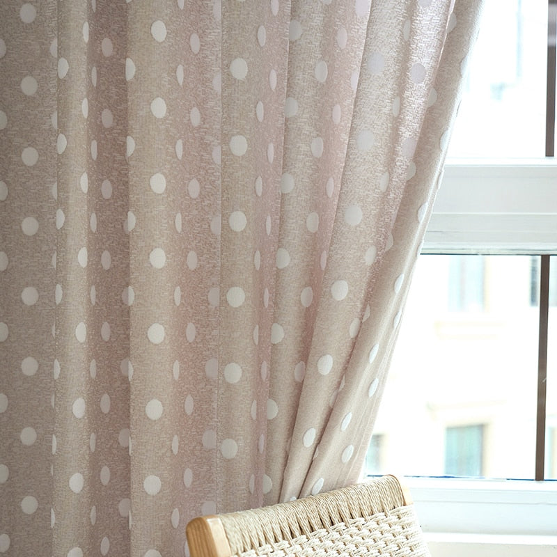 Sweet Polka dot woven curtain panel. Choose between a Grommet, Pull pleated or hook hanging application. Number of panels: 1 panel. Material: Cotton and Polyester. Pattern: Yarn Dyed. Technics: Woven.    