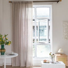 Load image into Gallery viewer, Transform any room in your home with this striped beige tassel curtain panel(1) in grey, pink, blue or taupe! Woven from linen, this one-of-a-kind curtain adds texture and depth with its stunning tassel pattern. Choose between a grommet, pull pleated or hook hanging application for easy setup. Experience its beauty and add a unique twist to your decor now! Machine washable. 
