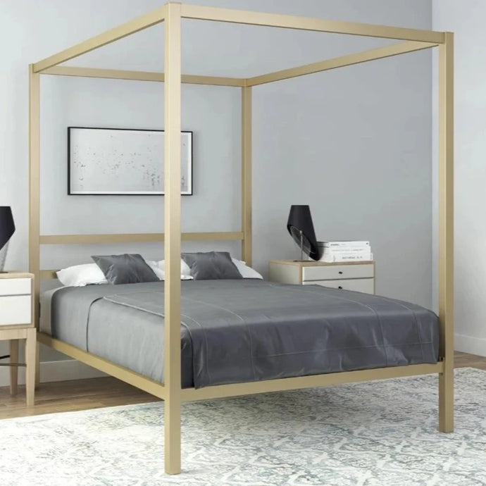 Elevate your kid or teen's bedroom with our sleek and modern gold canopy bed frame. Featuring a timeless design and a built-in headboard, this frame adds an elegant touch to any room. For a delicate and romantic feel, simply add curtains (sold separately). Available in Full, Queen, or King size.