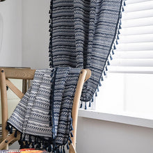 Load image into Gallery viewer, Transform any room in your home with this dark blue tassel curtain panel(1)! Woven from cotton and linen, this one-of-a-kind curtain adds texture and depth with its stunning tassel pattern. Choose between a rod pocket, ring top (grommet), or tape application for easy setup. With its light-filtering yarn-dyed shading rate (41%-85%), there&#39;s no need to worry about total blackout! Experience its beauty and add a unique twist to your decor now! Machine washable cold. Not included:Tieback.
