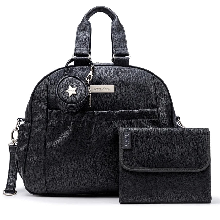 The Black Diaper Bag is a stylish and practical addition to any parent's arsenal of equipment. Constructed with durable fabrics, the bag can handle plenty of wear and tear and is a convenient way to store diapers and other necessities.
