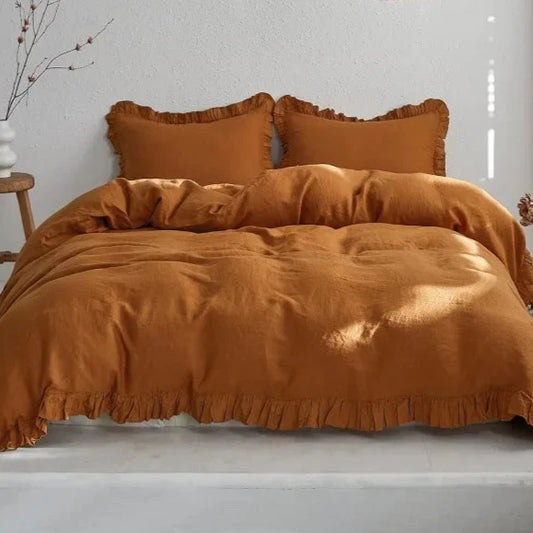 Vintage rust colored Ruffled 100% Washed French Linen Duvet Cover for your kid or teen's bedroom.&nbsp;Linen fabric has the advantages of good heat dissipation, breathable and absorbent. It is comfortable and durable and will be softer after washing.