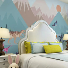 Load image into Gallery viewer, Create a fun and inspiring space with this dinosaur world mural. It&#39;s crafted with extra-thick paint that&#39;s both safe and eco-friendly, guaranteed to resist damage from static, water, mold, and fire. Enjoy an easy install with wall paper glue-paste (not included). Transform your child&#39;s bedroom in an instant with this unique and stylish mural.

