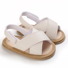 Load image into Gallery viewer, A perfect fit for your little one&#39;s feet, our beige Malta Sandals come in white, brown and black and fit babies and tots from newborn to 18 months. Comfortable and stylish, they&#39;ll be walking in style. Upper Material: PU Leather. Outsole Material: Rubber and Cotton. Heel Type: Flat.
