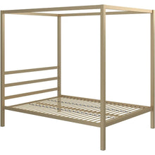 Load image into Gallery viewer, Elevate your kid or teen&#39;s bedroom with our sleek and modern gold canopy bed frame. Featuring a timeless design and a built-in headboard, this frame adds an elegant touch to any room. For a delicate and romantic feel, simply add curtains (sold separately). Available in Full, Queen, or King size.
