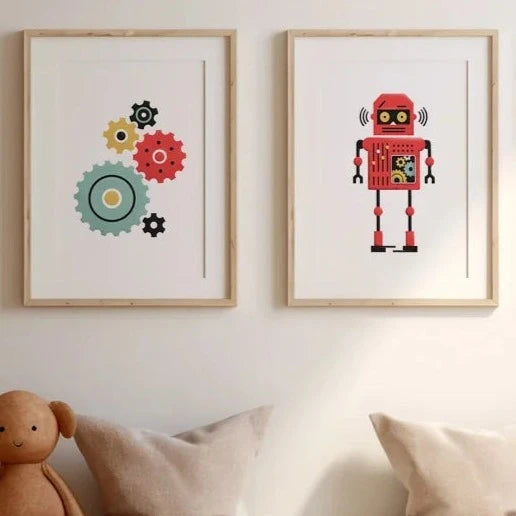 Spruce up your little one's bedroom or playroom with some groovy robot-themed canvas wall art! Multiple sizes available to suit your space, frame not included. "It's time to give your child's room a tech-savvy makeover! These funky robot designs will add a playful touch to any bedroom or playroom. Mix and match sizes to fit your unique space (frames not included, but your child's imagination is!)."