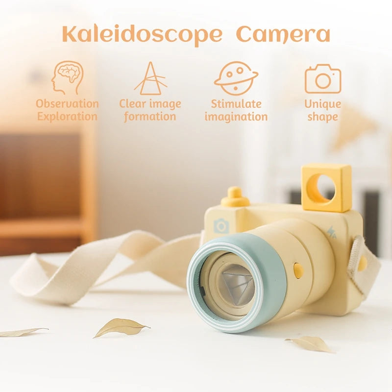 Introducing the ultimate simulation camera for children aged 3 to 6 years - a portable camera kaleidoscope featuring a detachable lens, a removable viewfinder in the top left corner, and a press-down shutter.