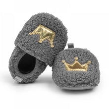 Load image into Gallery viewer, These cozy, snuggly slippers are fit for a royal baby! Made with fluffy teddy bear fabric to keep little toes warm and toasty. Available in sizes for newborns up to 18 months old. Choose from white, grey, or brown.
