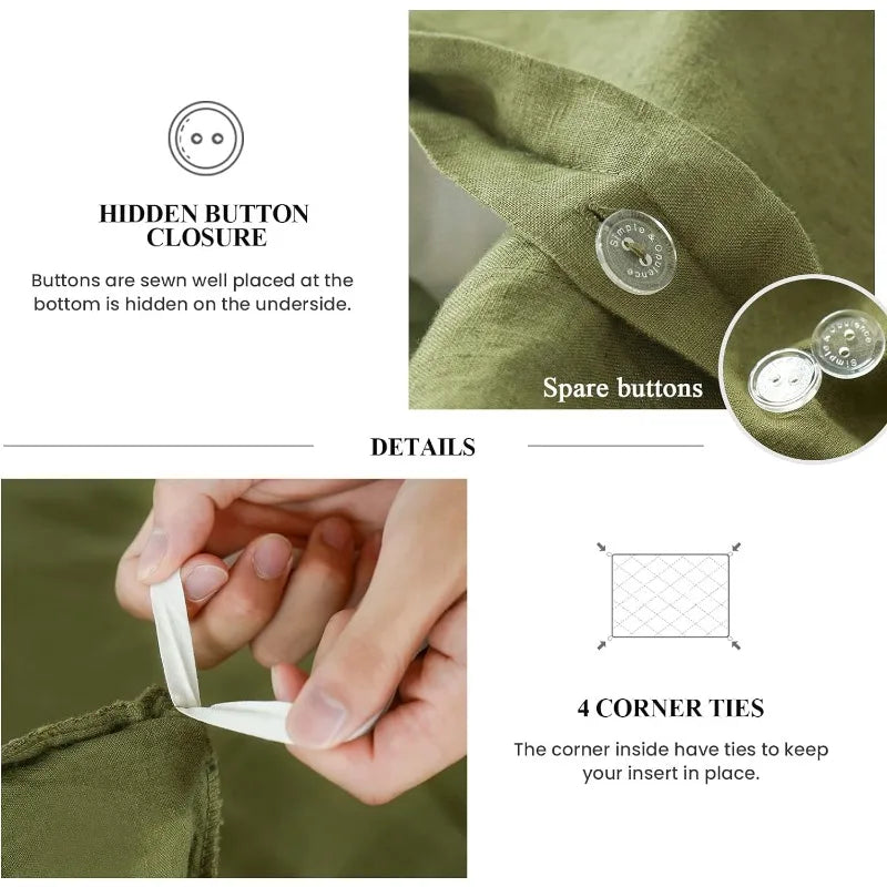 Transform your child or teenager's bedroom into a cozy oasis with this Olive Green Vintage French Linen Duvet Cover Set. Made from 100% linen, this cover boasts excellent heat dissipation and is both breathable and absorbent. With its soft and durable fabric, it will only become even more comfortable after each wash.