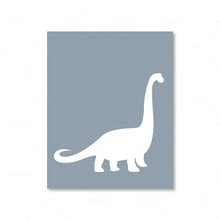 Load image into Gallery viewer, Grey blue and white diplodocus. Transform your child&#39;s bedroom or playroom with our sensational Dinosaur Art on Canvas! Choose from a range of sizes to perfectly fit any space. Please note, frame is not included. Our waterproof ink and spray painting technics ensure a long-lasting and vibrant piece of art. All artworks are carefully shipped in a tube for convenience and protection.

