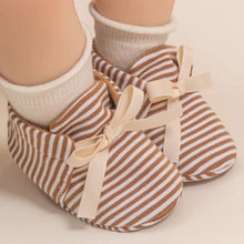 Load image into Gallery viewer, Introducing our adorable striped baby Mary Janes, available in a variety of colors and sizes, perfect for newborns up to 18 months. Experience the unmatched comfort and softness of these must-have shoes!
