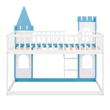 Load image into Gallery viewer, This blue castle bed is an ideal choice for any child&#39;s room. Featuring a delicate and gorgeous pattern design, its wooden structure offers a combination of practicality and style. The bunk bed offers a semi-enclosed play area, as well as guardrails and safe ladders for safe, easy access. Create a unique and artistic atmosphere for your home with this beautiful bed.
