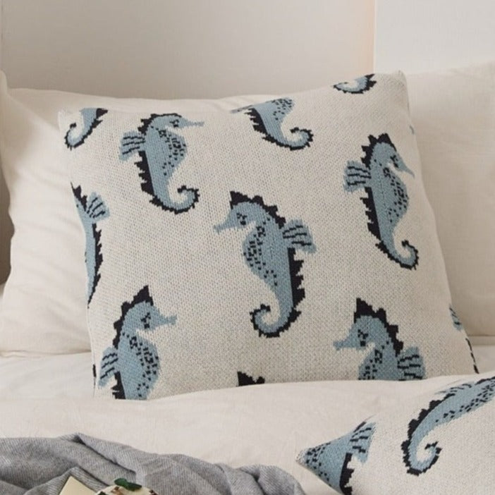 Introducing the knitted sea horse throw pillow in blue or pink! Add a cozy, soft and unique touch to your kid's bedroom or nursery with this adorable pillow cover. Its size of 17.71 x 17.71 inches (45cm x 45cm) makes it the perfect addition to any room. Made from 100% cotton, this pillow will be your kid's favorite and the perfect accent for any nursery.
