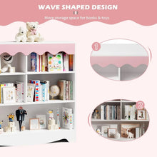Load image into Gallery viewer, Enhance the aesthetic of your toddler&#39;s room with our White and Pink Wooden Bookshelf. Versatile for both nursery and playroom settings, this bookshelf adds a charming touch to your child&#39;s space. Dimensions: 39.4 &quot;W x 9.4&quot; D x 37.4 &quot;H
