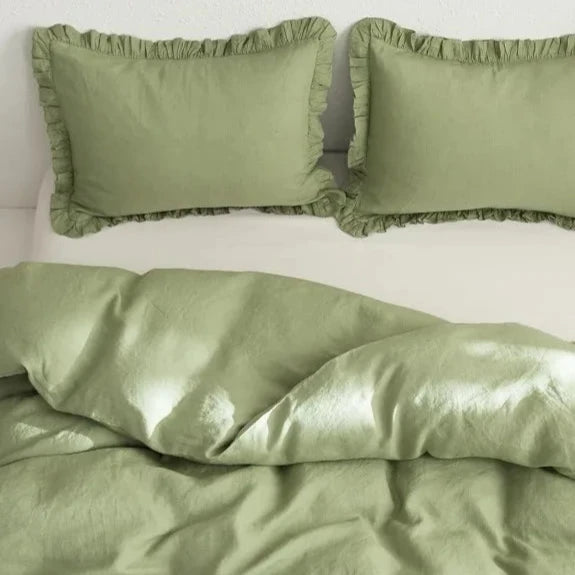 Transform your child or teenager's bedroom with the Sage Green Vintage Ruffled French Linen Duvet Cover Set, crafted from 100% washed linen. Experience the benefits of its excellent heat dissipation, breathability, and absorbency, providing ultimate comfort and durability that only gets softer with each wash.