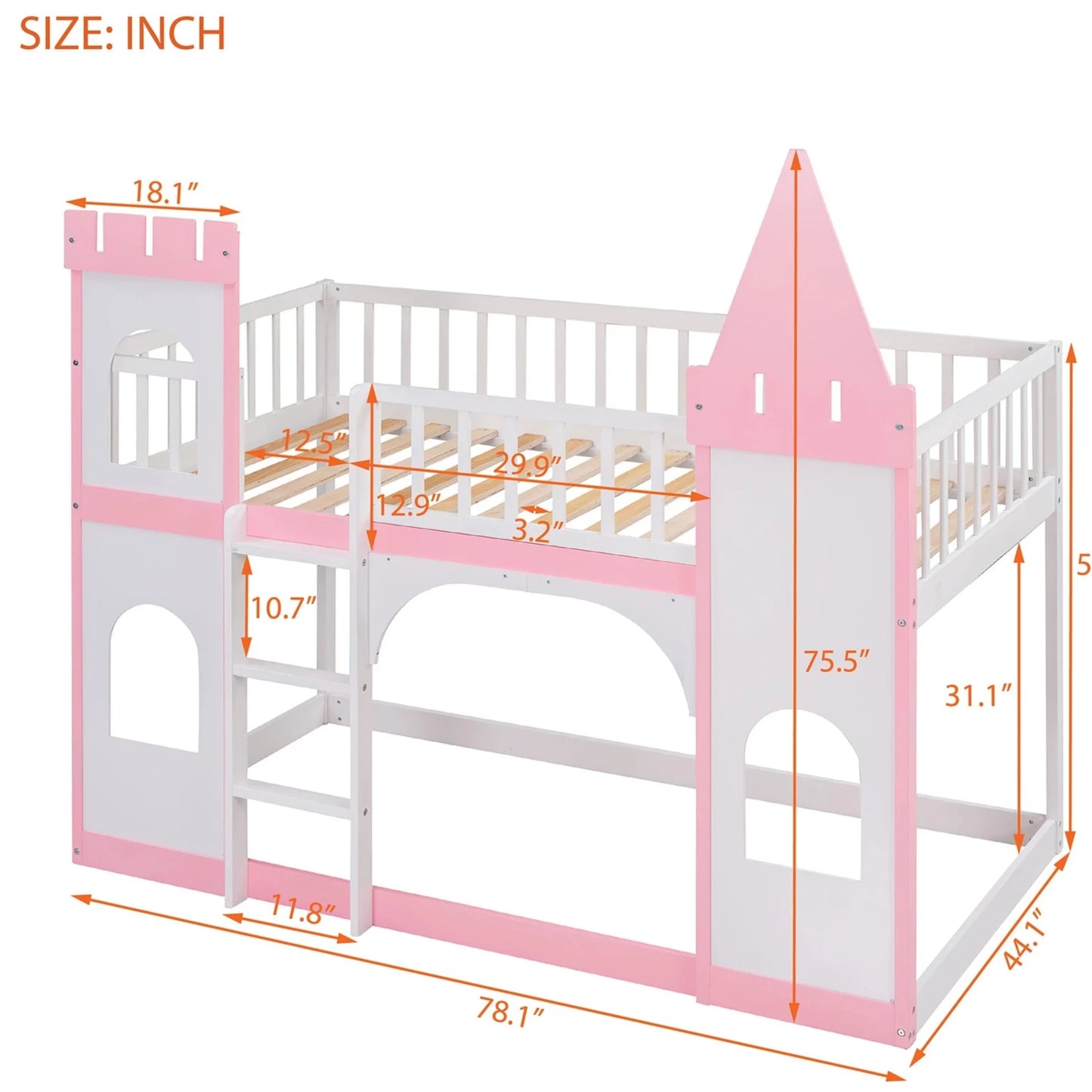 This pink castle bed is perfect for up-leveling your child's bedroom. Its delicate and gorgeous pattern design adds an artistic atmosphere to your home while providing a fun and safe environment for your child to explore their imagination. This bunk bed has guardrails and a safe ladder, so your little one can easily get in and out of bed.