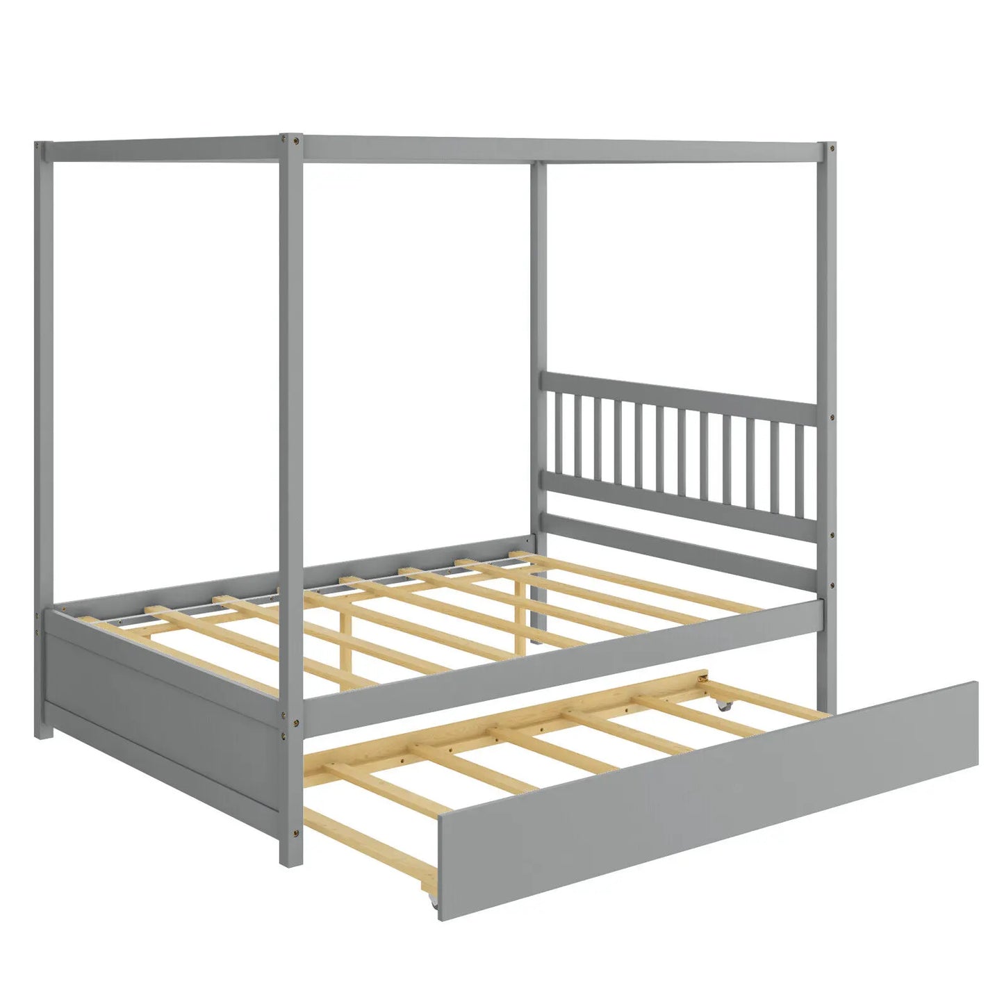 This solid wood grey canopy bed with a full-size rolling trundle is the perfect addition to your child's bedroom! Decorated with flags, ribbons, and lights on the rails, it adds an adorable touch. Plus, it provides an easy way to gain extra sleeping space with a PV caster trundle. The 79.5" x 57" x 72" canopy bed doesn't require a box spring, making it even more convenient. Keep in mind that the recommended mattress thickness for the full bed is 6" and for the trundle, it should be lower than 6".