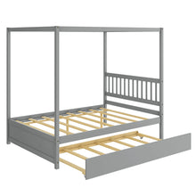 Load image into Gallery viewer, This solid wood grey canopy bed with a full-size rolling trundle is the perfect addition to your child&#39;s bedroom! Decorated with flags, ribbons, and lights on the rails, it adds an adorable touch. Plus, it provides an easy way to gain extra sleeping space with a PV caster trundle. The 79.5&quot; x 57&quot; x 72&quot; canopy bed doesn&#39;t require a box spring, making it even more convenient. Keep in mind that the recommended mattress thickness for the full bed is 6&quot; and for the trundle, it should be lower than 6&quot;.
