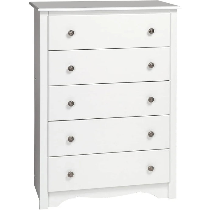 This modern 5-drawer white chest  is a great choice for your kids bedroom. Boasting 5 full-sized drawers this chest provides plenty of storage and will quickly become a favorite among your bedroom furnishings. 