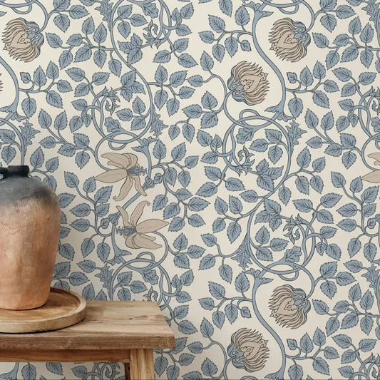 Blue and Beige Floral Wallpaper