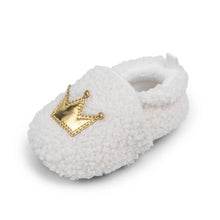 Load image into Gallery viewer, These cozy, snuggly slippers are fit for a royal baby! Made with fluffy teddy bear fabric to keep little toes warm and toasty. Available in sizes for newborns up to 18 months old. Choose from white, grey, or brown.
