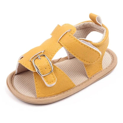 Bring comfort and style to your little one's summer with these adorable sandals in vibrant yellow, crisp white, and cool blue. Perfect for newborns to 18-month-olds, these sandals will have your baby looking cute from every angle. Elevate your baby's style with these adorable and versatile sandals! Keep your little one's feet cool and comfortable all summer long with these must-have sandals