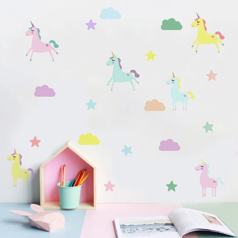 Transform any room into a magical wonderland for your children with minimal effort. Simply apply the PVC decals to a clean and smooth surface for a whimsical addition to your décor. Each order includes 6 sheets and 29 pieces, featuring 6 charming unicorns that your kids will adore.