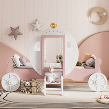 Load image into Gallery viewer, This twin princess bed is expertly crafted in the shape of a carriage, making it a charming addition to your girl&#39;s bedroom. It seamlessly complements any bedroom style, while also providing functionality. The durable wood frame is resistant to humidity change and cracking, thanks to its high-quality construction. With strong legs, wide boards, and 10 slats, this bed ensures stability. Some assembly is required, with clear instructions and all necessary tools provided. 
