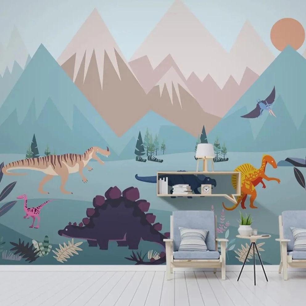 Create a fun and inspiring space with this dinosaur world mural. It's crafted with extra-thick paint that's both safe and eco-friendly, guaranteed to resist damage from static, water, mold, and fire. Enjoy an easy install with wall paper glue-paste (not included). Transform your child's bedroom in an instant with this unique and stylish mural.