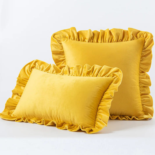 Revamp your child's bedroom or playroom with a distinctive touch of fresh and playful décor by adding this yellow ruffled throw pillow cover. Made from luxurious velvet, this decorative piece provides ultimate comfort and adds a touch of elegance. Elevate your space with this exceptional accent that combines both comfort and style.