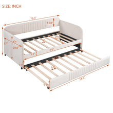 Load image into Gallery viewer, Transform your kids&#39; bedroom into a stylish and comfortable sleepover space with this luxurious off-white daybed with trundle bed. Upholstered in velvet fabric and boasting a timeless design, its strong plywood frame provides reliable stability and durability. With the included slat kit and trundle bed, no box springs are required and you can enjoy extra sleeping space for guests. Let this timeless piece of furniture add a touch of sophistication to your home!
