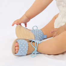 Load image into Gallery viewer, Adorable and stylish, Roma blue-polka-dot  Sandals come in a variety of colors to keep your little one looking adorable. Perfect for newborns and toddlers up to 18 months old, these sandals are sure to complete any outfit. Upper Material: PU Leather Outsole Material: Cotton Heel Type: Flat
