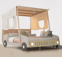 Load image into Gallery viewer, Featuring an attractive car design and solid wood frame, this bed will be a real eye-catcher in your kid&#39;s bedroom. This bed is very comfortable and functional while having a cool look. At the end of the bed there are two LED lights, which is both a car light and a night light for your convenience. The fabric on the top of the bed can inspire your kid&#39;s imagination, you can decorate the bed with your kids.
