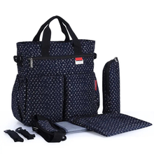 Load image into Gallery viewer, This Multifunctional Navy Diaper Bag boasts a waterproof design and is perfect for busy moms who need to quickly change their baby&#39;s clothes or diapers. It is also suitable for nursing and has multiple compartments for efficient organization.
