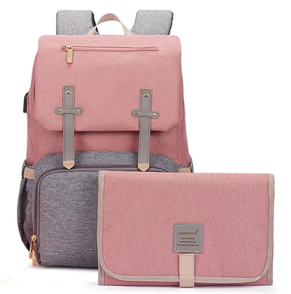 This waterproof pink and grey diaper backpack is designed to be the ultimate solution for busy parents.  Size: 17.32 x 11.81 x 7.08 inches ( H x W x D) 44cm x 30cm x 18cm Material: Polyester Closure Type: Zipper and Hasp