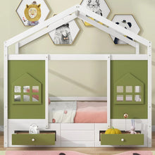 Load image into Gallery viewer, This Green and White Twin House Bed is an ideal option for kids&#39; bedrooms. Crafted from high-quality pine wood and MDF, the house-shaped design adds charm and character to any room. Its low height is easy to get in and out of safely, plus two storage drawers offer extra convenience. Let your imagination run wild and create the perfect look for your kids&#39; dream bedroom.  Overal Dimensions: 77.6&#39;&#39;L x 50.2&#39;&#39;W x 74.8&#39;&#39;H
