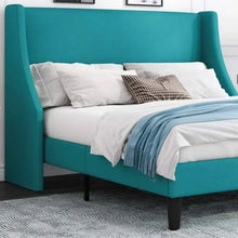 Load image into Gallery viewer, Cool and comfi teal green bedframe for your kids or teens bedroom. Kids and teens will love the vibrant teal color and the unbeatable comfort of this upholstered bed frame. Make their bedroom the coolest and most comfortable one in the house! Size: L 81.7 x W 53.4x H 44.9 inches Queen
