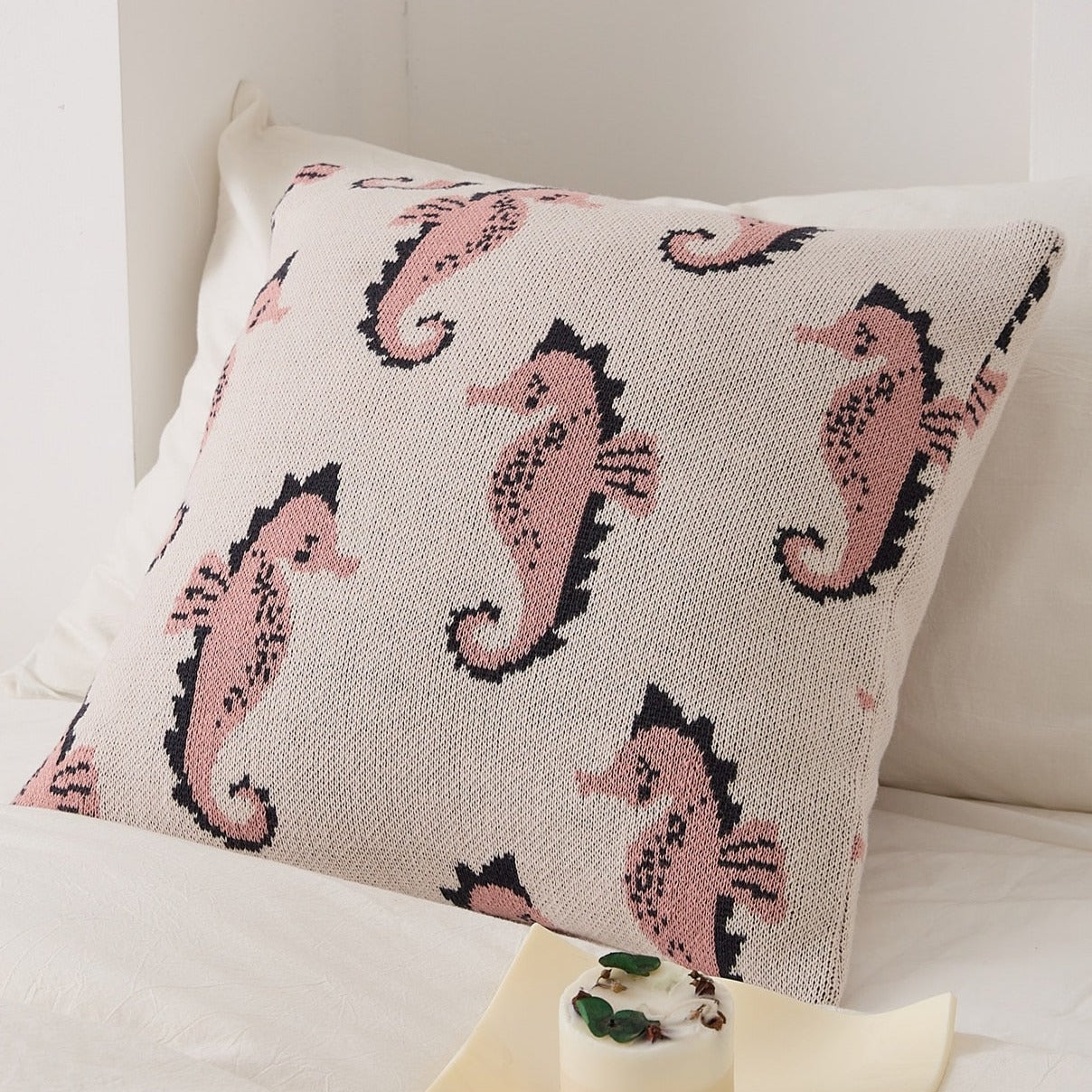 Introducing the knitted sea horse throw pillow in blue or pink! Add a cozy, soft and unique touch to your kid's bedroom or nursery with this adorable pillow cover. Its size of 17.71 x 17.71 inches (45cm x 45cm) makes it the perfect addition to any room. Made from 100% cotton, this pillow will be your kid's favorite and the perfect accent for any nursery.