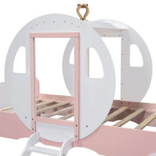 Load image into Gallery viewer, This twin pink and white princess bed is expertly crafted in the shape of a carriage, making it a charming addition to your girl&#39;s bedroom. It seamlessly complements any bedroom style, while also providing functionality. The durable wood frame is resistant to humidity change and cracking, thanks to its high-quality construction. With strong legs, wide boards, and 10 slats, this bed ensures stability. Some assembly is required, with clear instructions and all necessary tools provided. 
