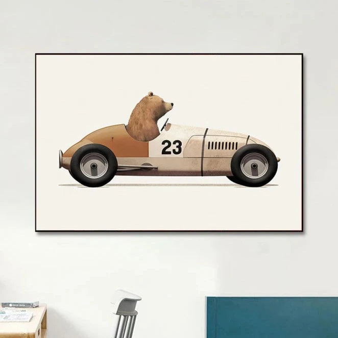 Transform your child's bedroom or playroom into an exclusive and sophisticated space with these delightful race car animal prints. Available in various designs and sizes, these canvas artworks feature waterproof ink and are ideal for your young automobile enthusiast. Frame not included.