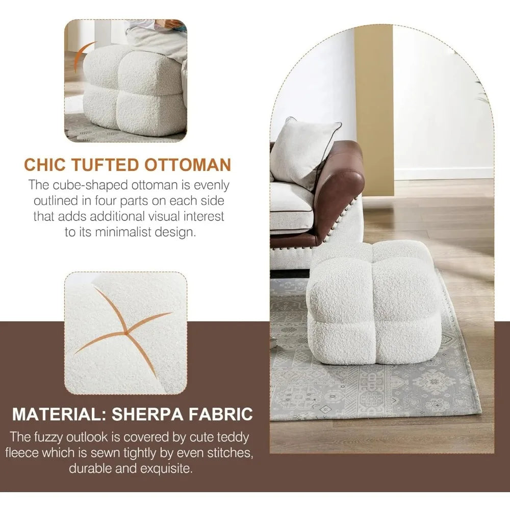 This cloud ottoman boasts an elegant but daring design, upholstered in chic Nepal sherpa fabric. Its bold textured tufting and divided, equant cubed sections on each side add both visual and functional drama.