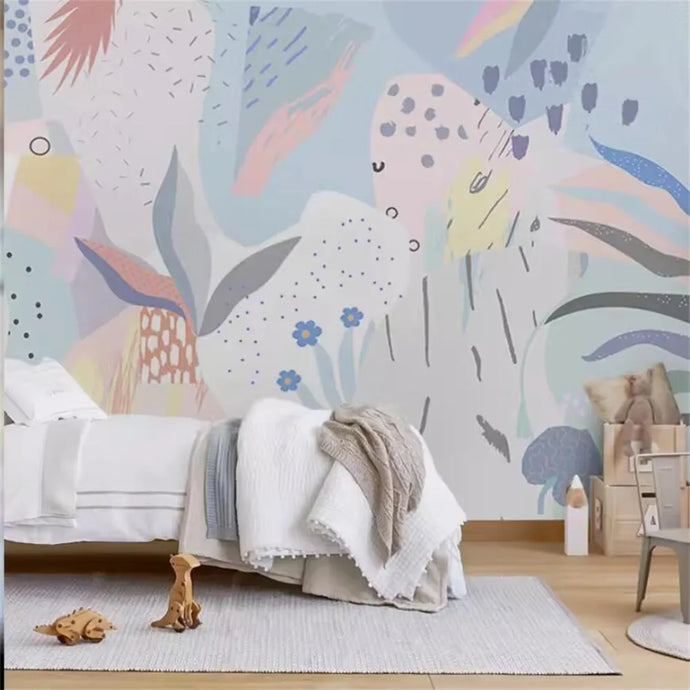 Brighten up your kid's bedroom with this eye-catching abstract floral mural! Not only is it stylish, but this extra thick paint won't buckle when faced with static, water, mold, or fire damage. Plus, its formaldehyde-free design is both safe and eco-friendly! Create a room that's as unique and inspiring as your little one with this fun mural wallpaper. Glue not included, but some types are self-adhesive! Make your kid's space blossom!