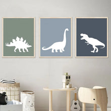 Load image into Gallery viewer, Transform your child&#39;s bedroom or playroom with our sensational Dinosaur Art on Canvas! Choose from a range of sizes to perfectly fit any space. Please note, frame is not included. Our waterproof ink and spray painting technics ensure a long-lasting and vibrant piece of art. All artworks are carefully shipped in a tube for convenience and protection.
