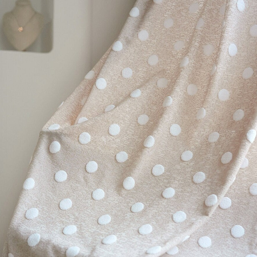 Sweet Polka dot woven curtain panel. Choose between a Grommet, Pull pleated or hook hanging application. Number of panels: 1 panel. Material: Cotton and Polyester. Pattern: Yarn Dyed. Technics: Woven.    