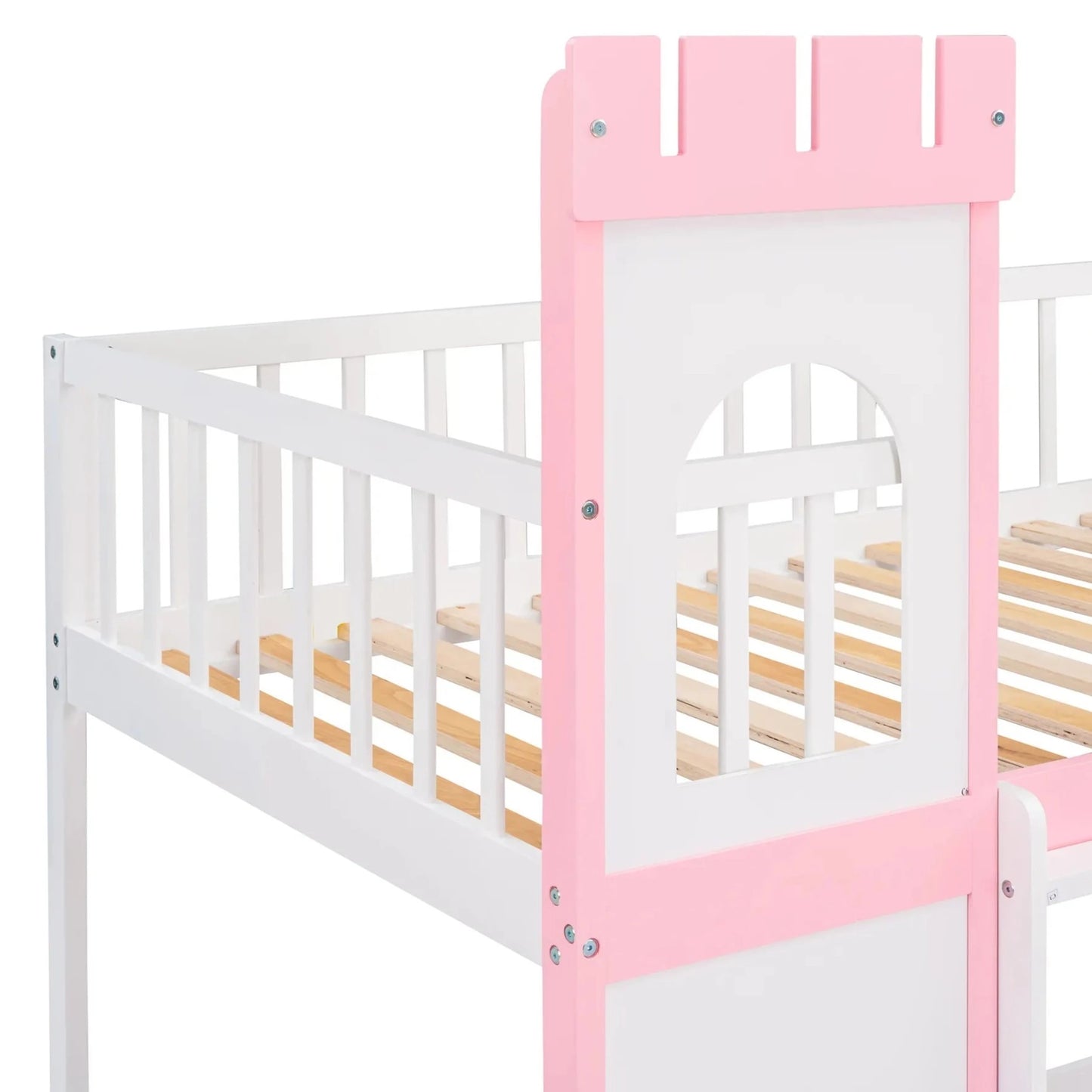 This pink castle bed is perfect for up-leveling your child's bedroom. Its delicate and gorgeous pattern design adds an artistic atmosphere to your home while providing a fun and safe environment for your child to explore their imagination. This bunk bed has guardrails and a safe ladder, so your little one can easily get in and out of bed.