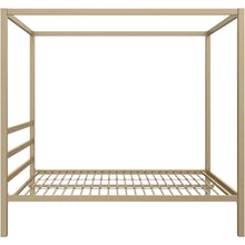 Load image into Gallery viewer, Elevate your kid or teen&#39;s bedroom with our sleek and modern gold canopy bed frame. Featuring a timeless design and a built-in headboard, this frame adds an elegant touch to any room. For a delicate and romantic feel, simply add curtains (sold separately). Available in Full, Queen, or King size.
